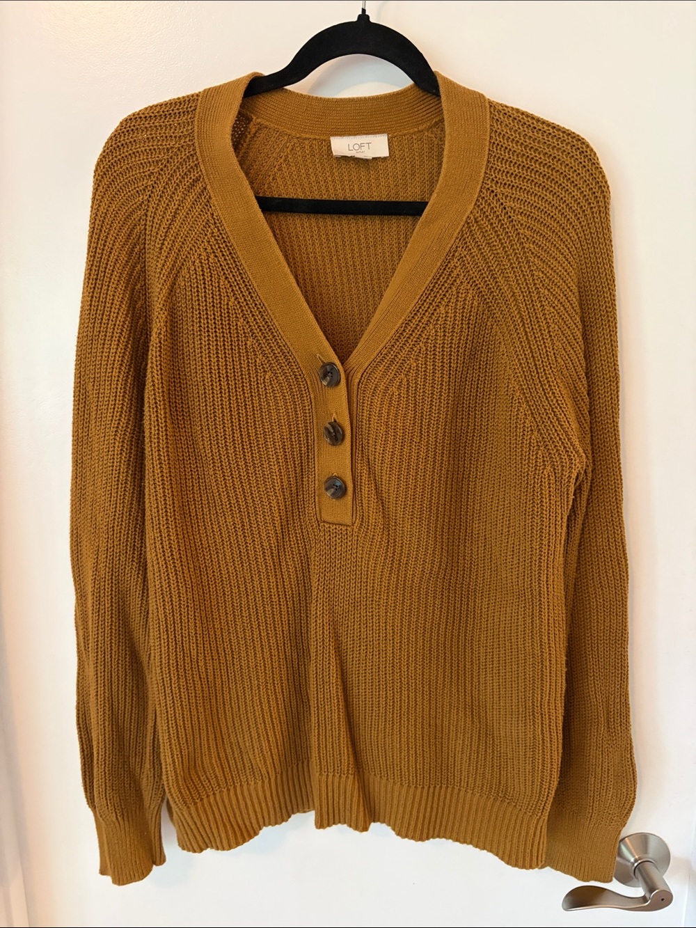 LOFT Outlet Mustard V-Neck Button-Front Knit Sweater - Size Large